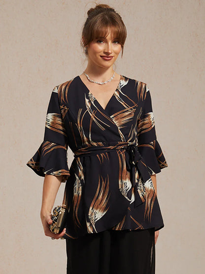 V-neck Long Tunic Blouse with Flutter Sleeves