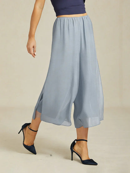 Cropped Length Straight Leg Pant With Chiffon Split Leg Overlay