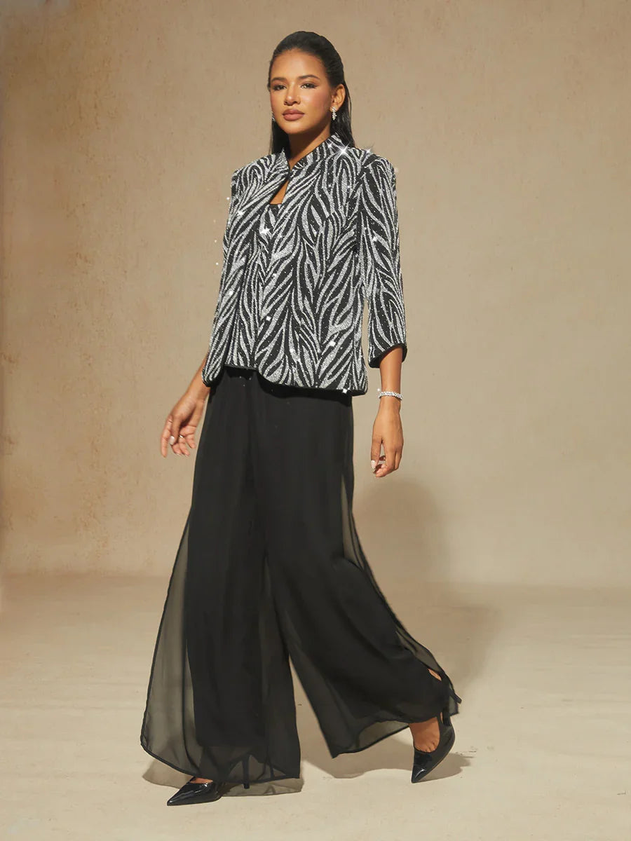 Elegantes Twinset mit Stehkragen und Strass-verziertem Zebra-Print