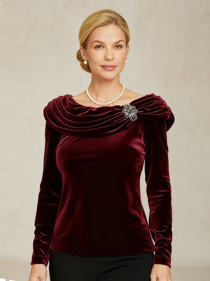 Long Sleeve Velvet Blouse with Ruched Collar