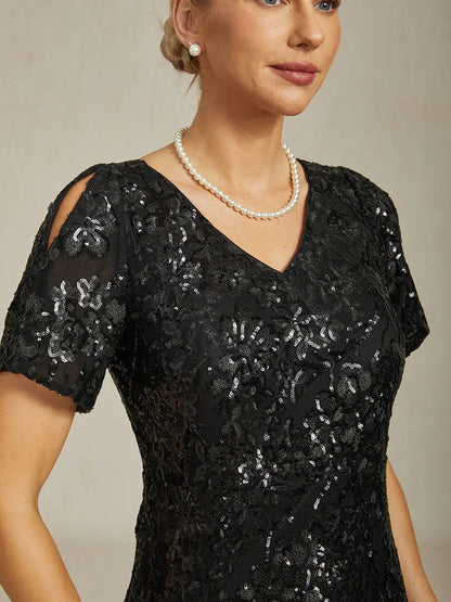 Vestito elegante con scollo a V, spalle scoperte e paillettes