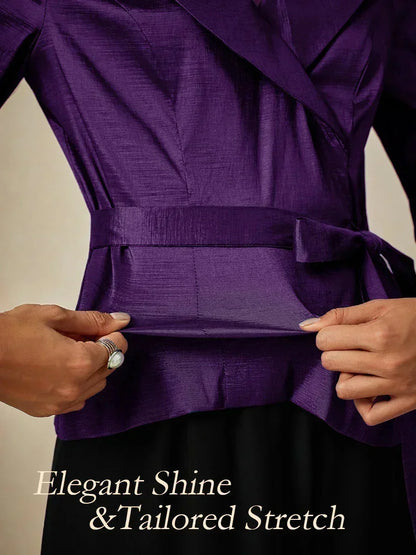 3/4 ermet stretch taftbluse med knytebelte i midjen