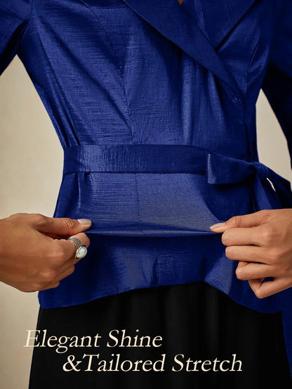 Blusa in taffetà elasticizzato con maniche 3/4 e dettaglio cintura annodata