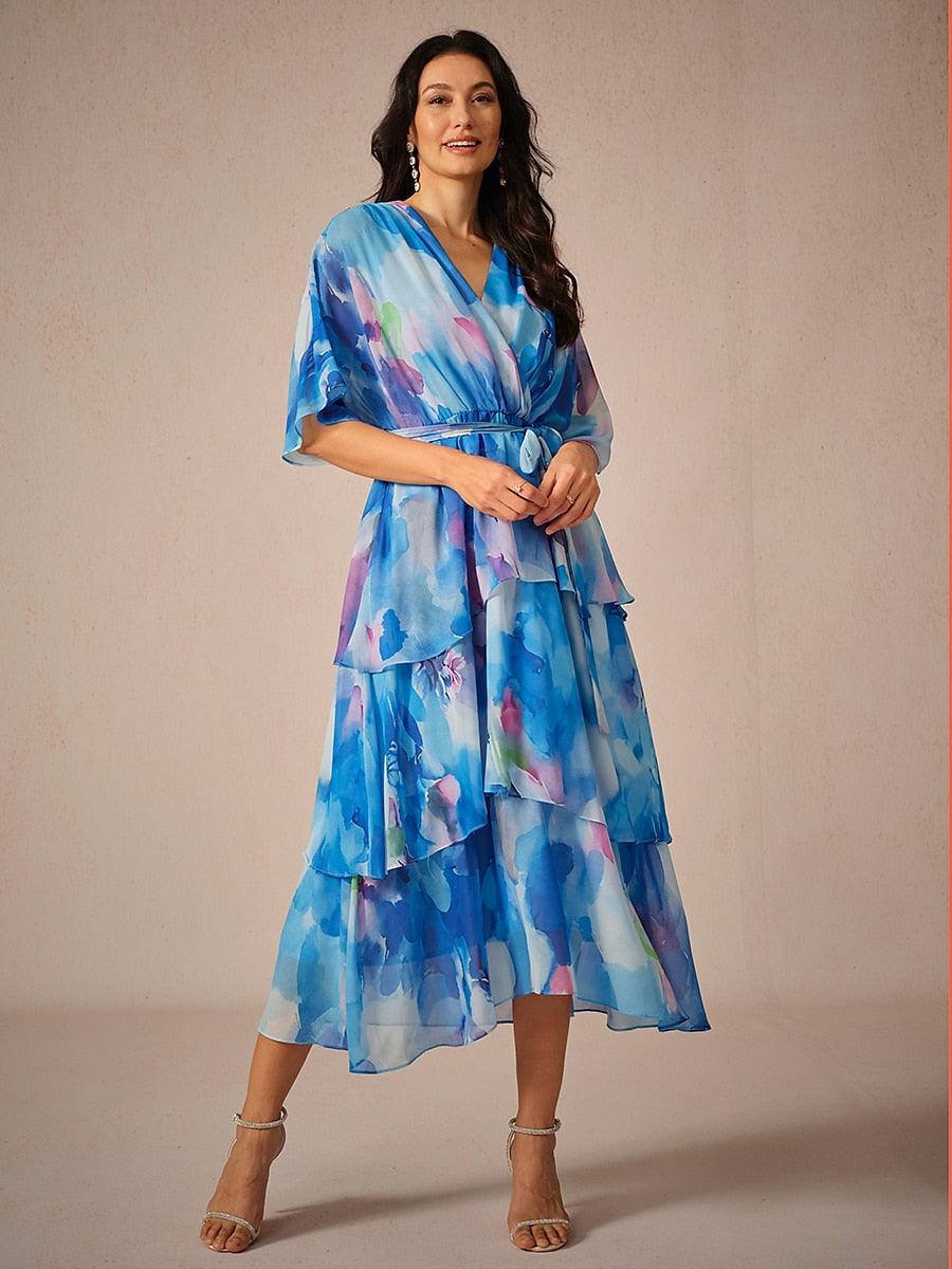 Chiffon Layered Ruffle V Neck Tye Dye Dress-S13258899