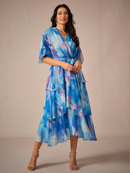 Chiffon Layered Ruffle V Neck Tye Dye Dress-S13258899