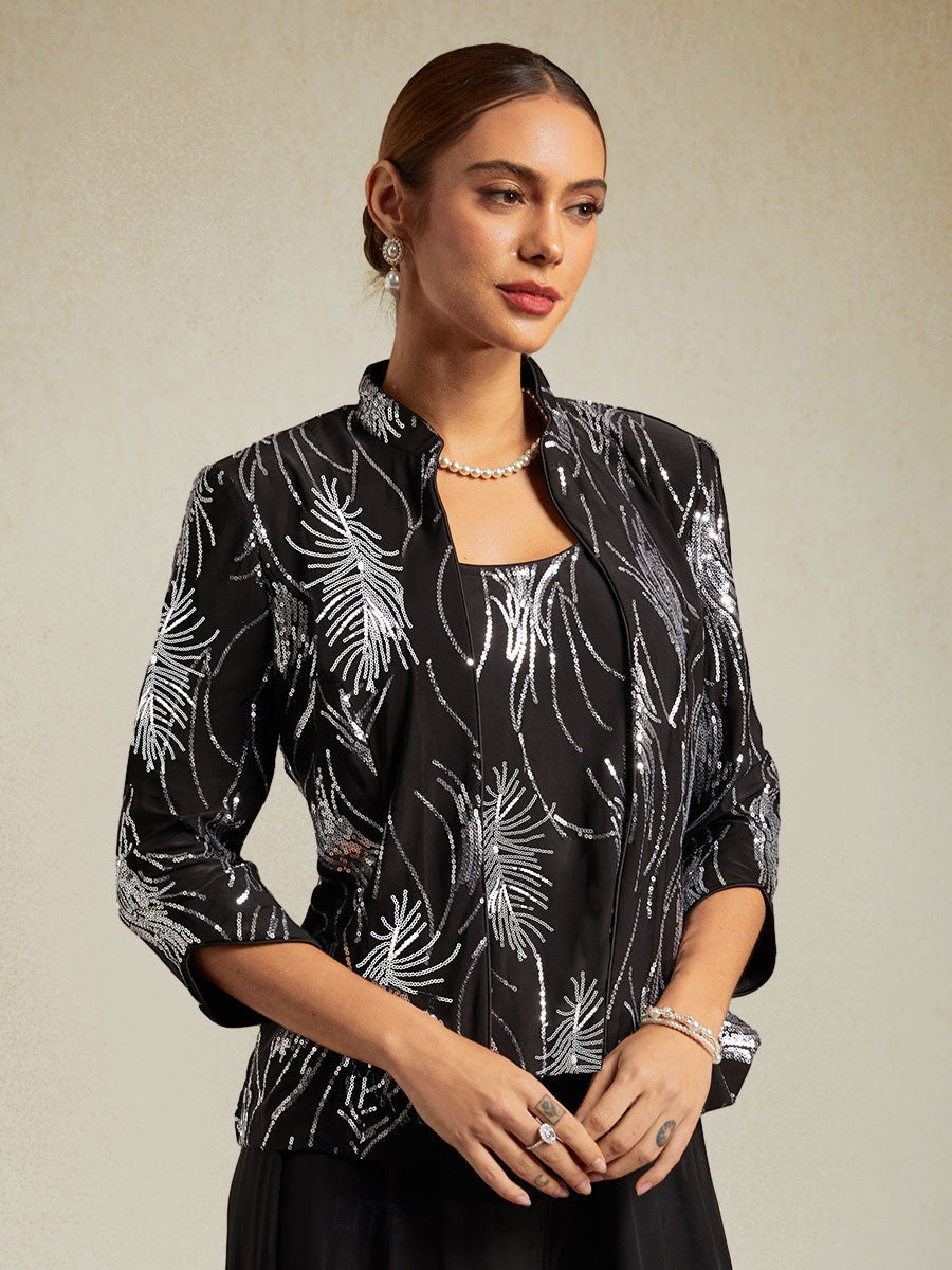 Elegant Twinset Met Mandarijnkraag En Pailletten