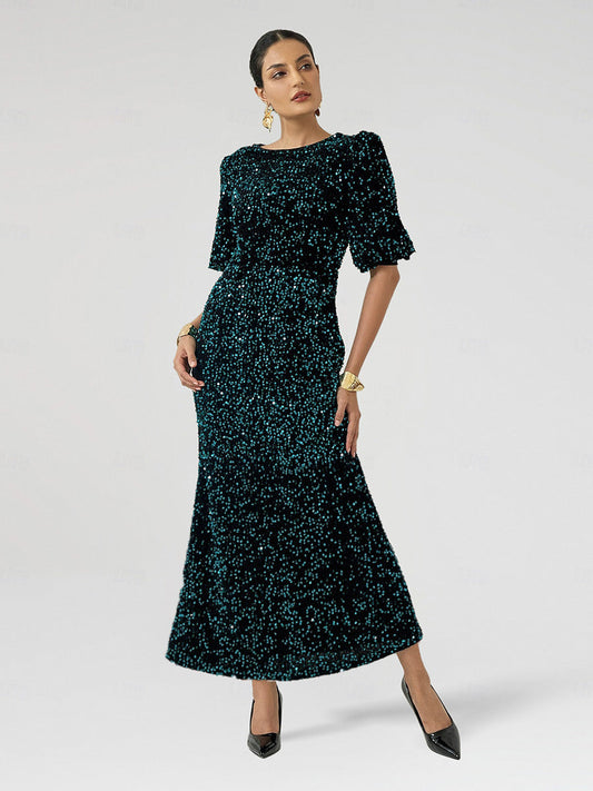 Velvet Sequin Midi Dress with Puff Sleeves