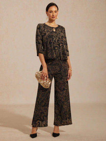 Paisley Straight Leg Knit Pants with Subtle Sequin Detail