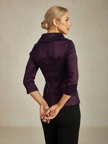 3/4 Sleeve Stretch Taffeta Blouse with Tie Waist Detail