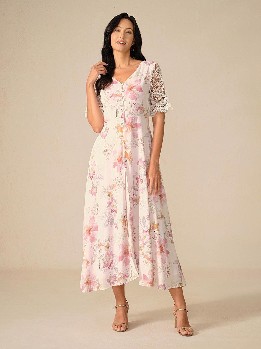Floral Chiffon A-Line Dress with Lace Sleeves