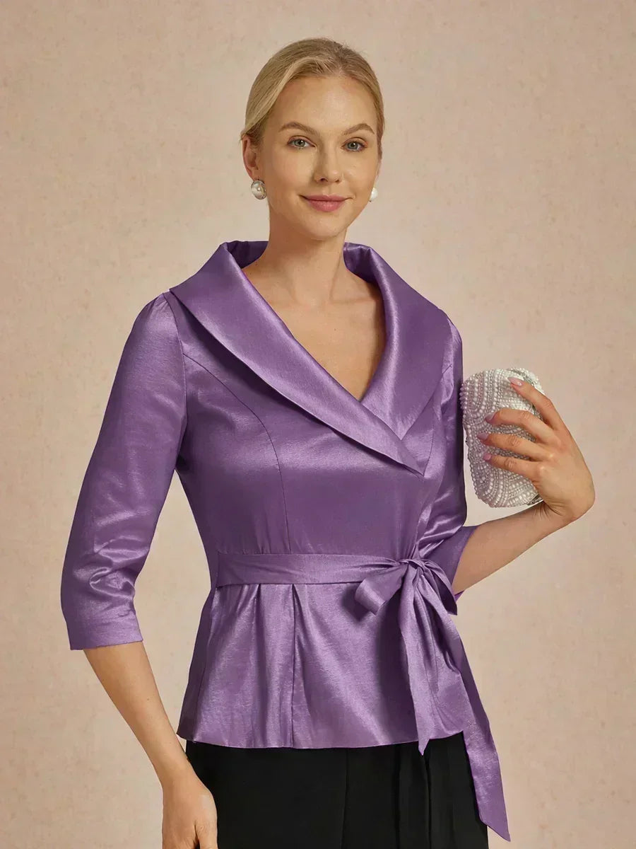 3/4 Sleeve Stretch Taffeta Blouse with Tie Waist Detail