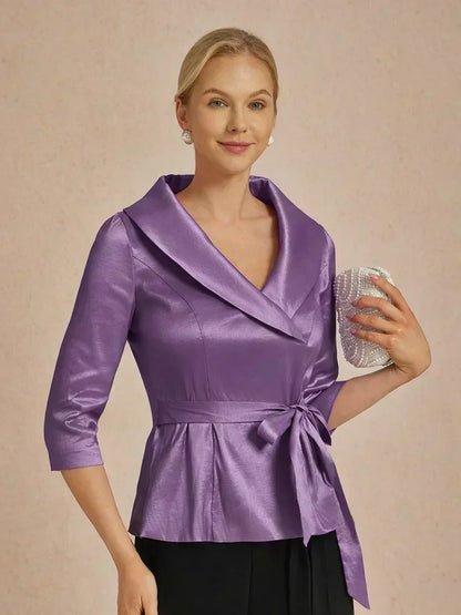 3/4 Sleeve Stretch Taffeta Blouse with Tie Waist Detail