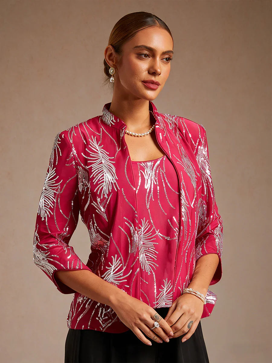 Elegant Mandarin Collar Sequin Twinset