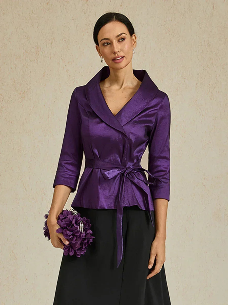 3/4 mouw stretch taffeta blouse met ceintuurdetail