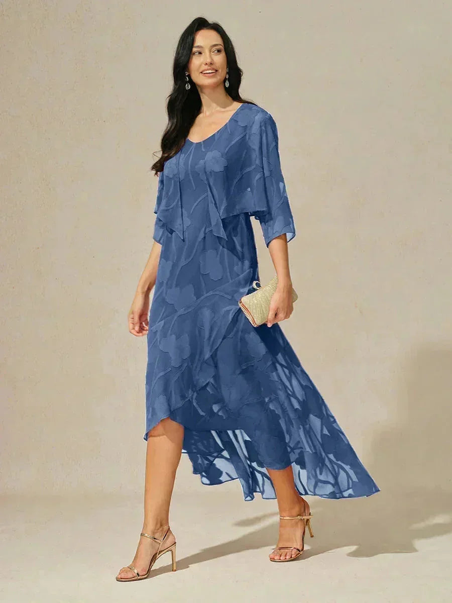 Bloemen Chiffon Avondjurk met Asymmetrische Zoom