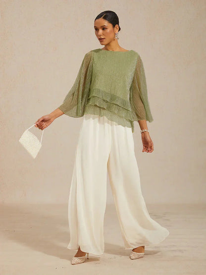 Metallic Pleated Chiffon Asymmetrical Layered Blouse