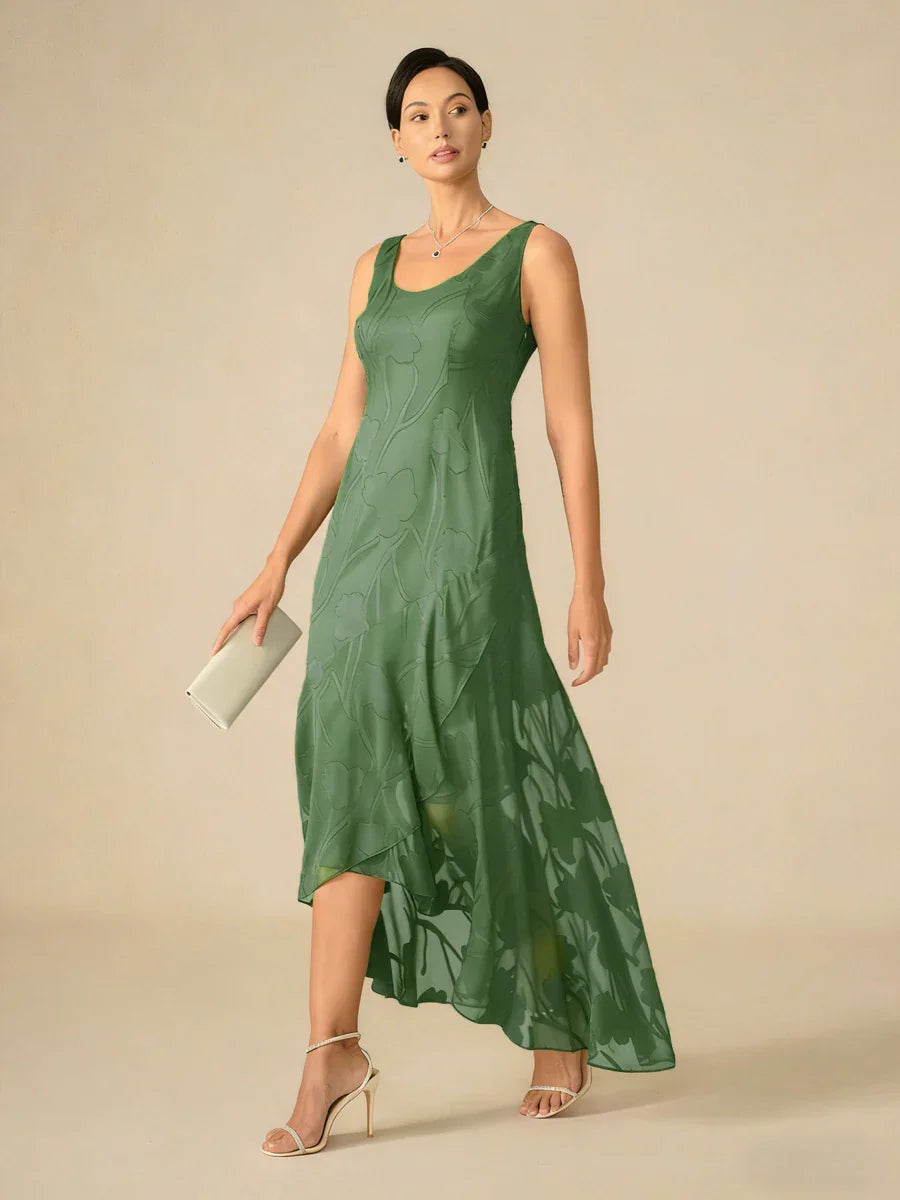 Ärmelloses Abendkleid aus Chiffon mit Blumenmuster und asymmetrischem Saum