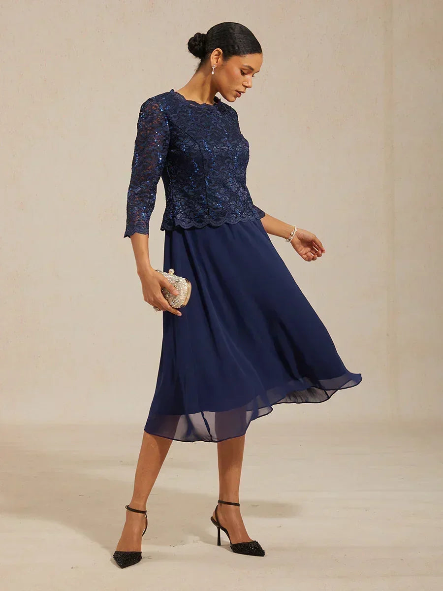 Mother Of The Groom Dress Lace Sequin Tea Length Navy Blue Semi Formal Chiffon 3 4 Sleeve A Line Wedding Guest Over 50, Navy / XL Mother Of The Groom Dress Lace Sequin Tea Length Navy Blue Semi Formal Chiffon 3 4 Sleeve A Line Wedding Guest Over 50, Navy / XL