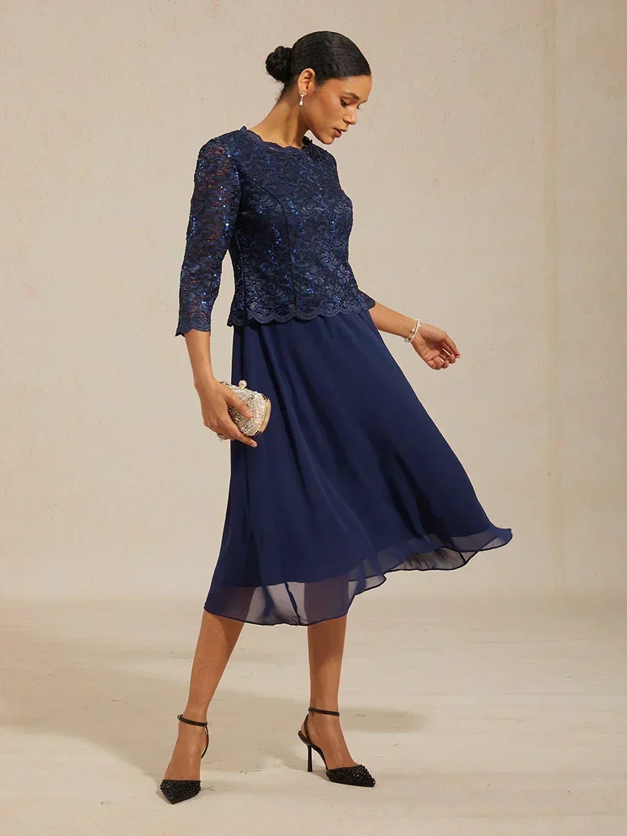 Robe Élégante en Dentelle et Chiffon Mi-Longue
