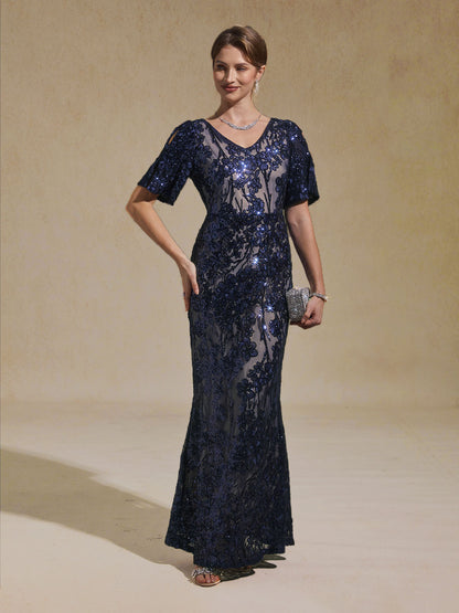 Paillettenbesticktes Abendkleid mit V-Ausschnitt und kalten Schultern