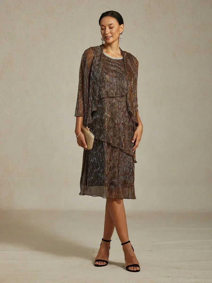 Metallic Pleated Chiffon Long Jacket with Layered Design