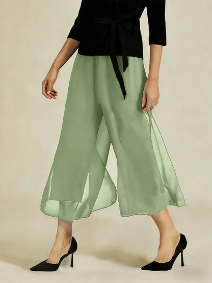 Cropped Length Straight Leg Pant With Chiffon Split Leg Overlay