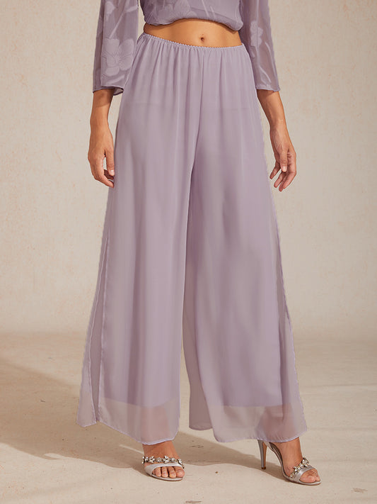 Pantaloni a gamba dritta con sovrapposizione in chiffon e spacco laterale
