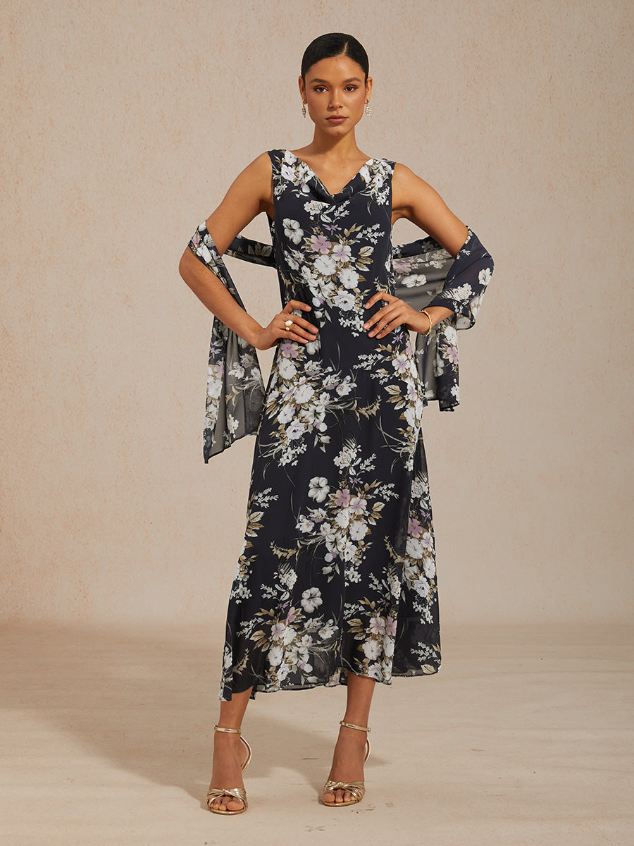 Floral Cowl Neck Tea-Length Dress with Flounce Hem