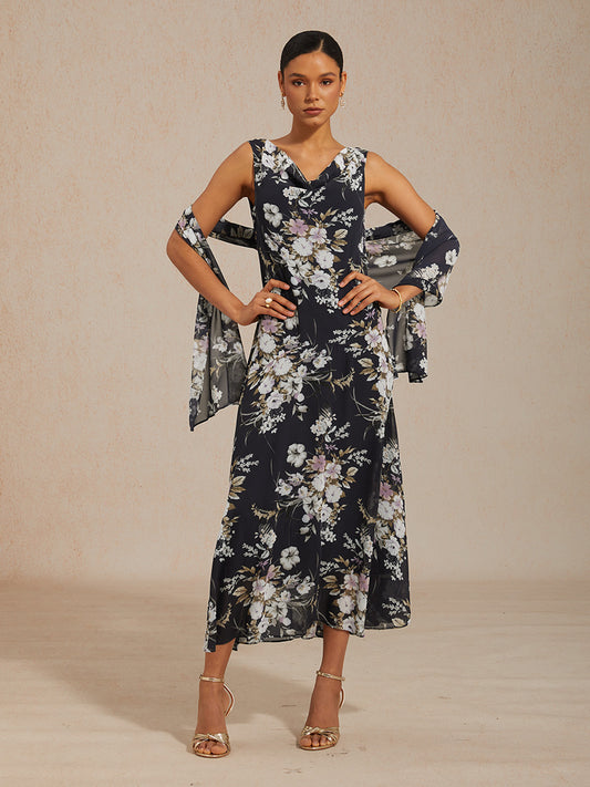 Floral Cowl Neck Tea-Length Dress with Flounce Hem