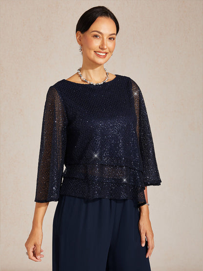 Haut Superposé en Mesh à Manches Cloche et Sequins