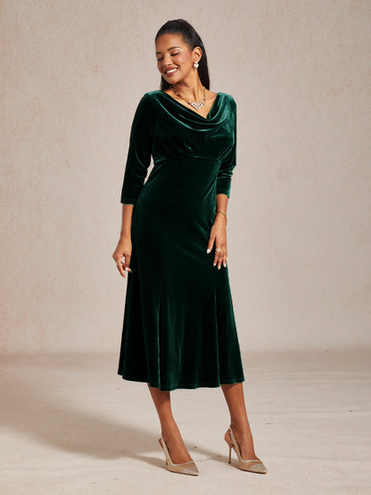 High-Stretch Velvet Sleeveless Midi Dress with Cowl Neck
