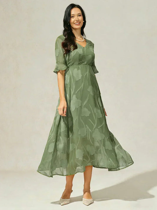 Kanten Maxi-jurk met Ruches en Fladdermouwen