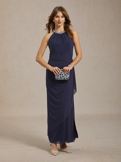 Elegant Beaded Halter Maxi Dress with Ruffle Detail