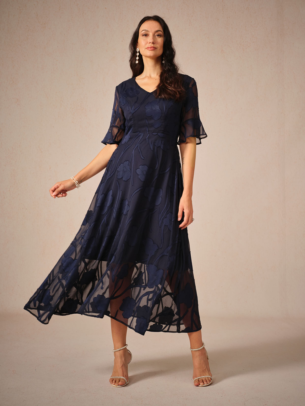 Robe Maxi En Dentelle À Volants et Manches Volantées