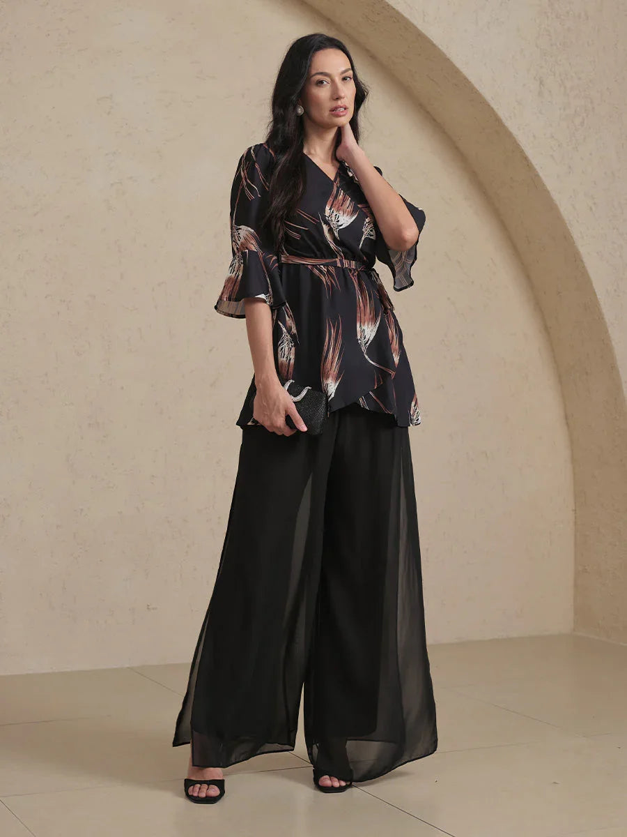 V-neck Long Tunic Blouse with Flutter Sleeves