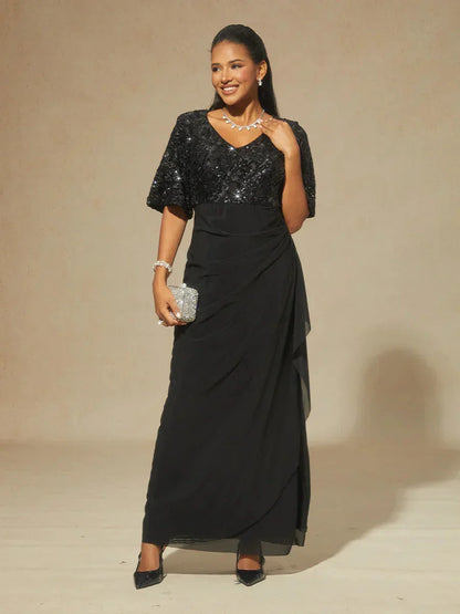 Embroidered Sequin Empire Waist Gown with Flutter Sleeves