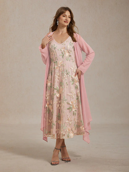 刺繡蕾絲雪紡連衣裙套裝