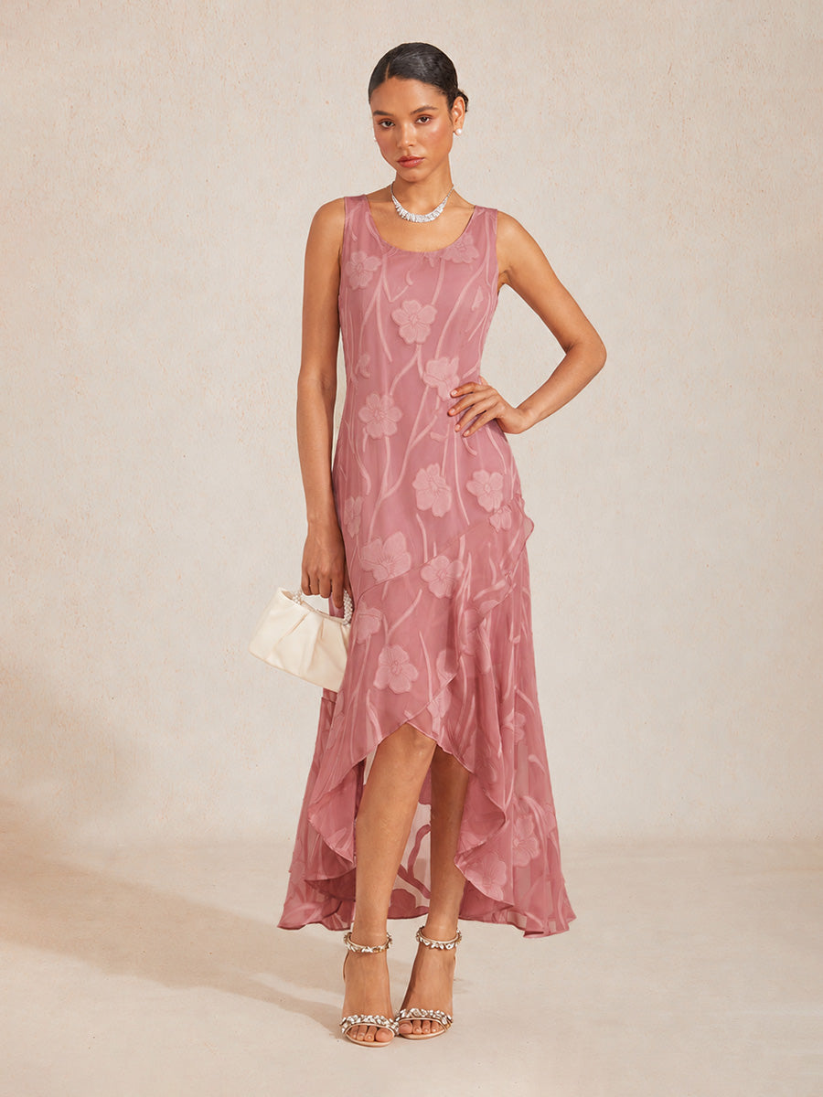 Ärmelloses Abendkleid aus Chiffon mit Blumenmuster und asymmetrischem Saum