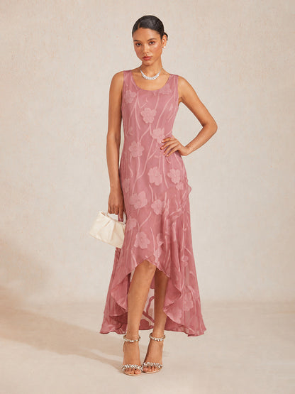 Ärmelloses Abendkleid aus Chiffon mit Blumenmuster und asymmetrischem Saum