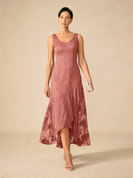 Floral Chiffon Sleeveless Evening Gown with Asymmetrical Hem