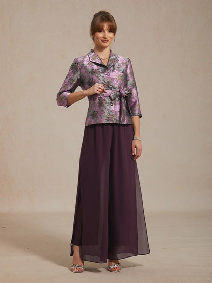 3/4 Sleeve Floral Jacquard Blouse with Tie Waist