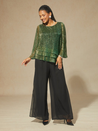 Asymmetrische Lagenbluse aus metallisch schimmerndem, plissiertem Chiffon