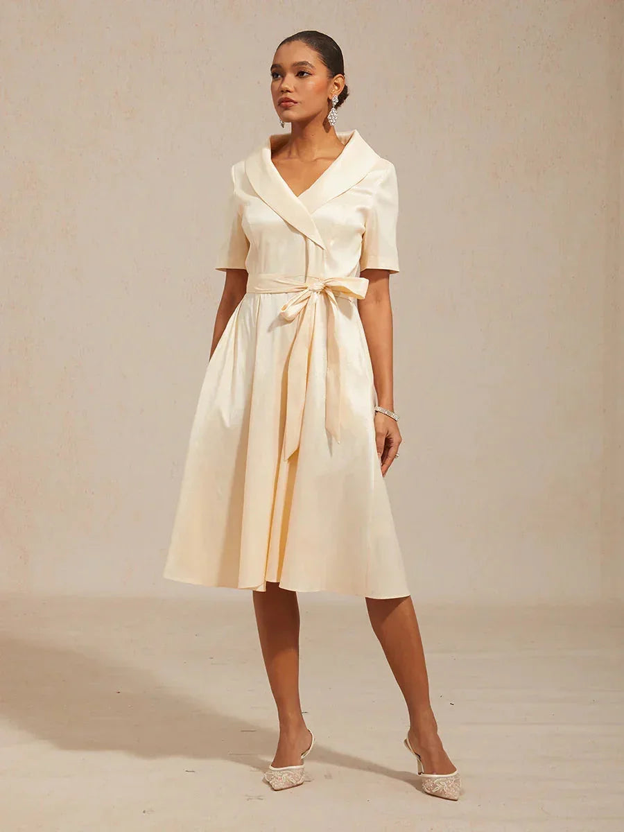 Collar Stretch Taffeta Dress with Tie Waist Belt