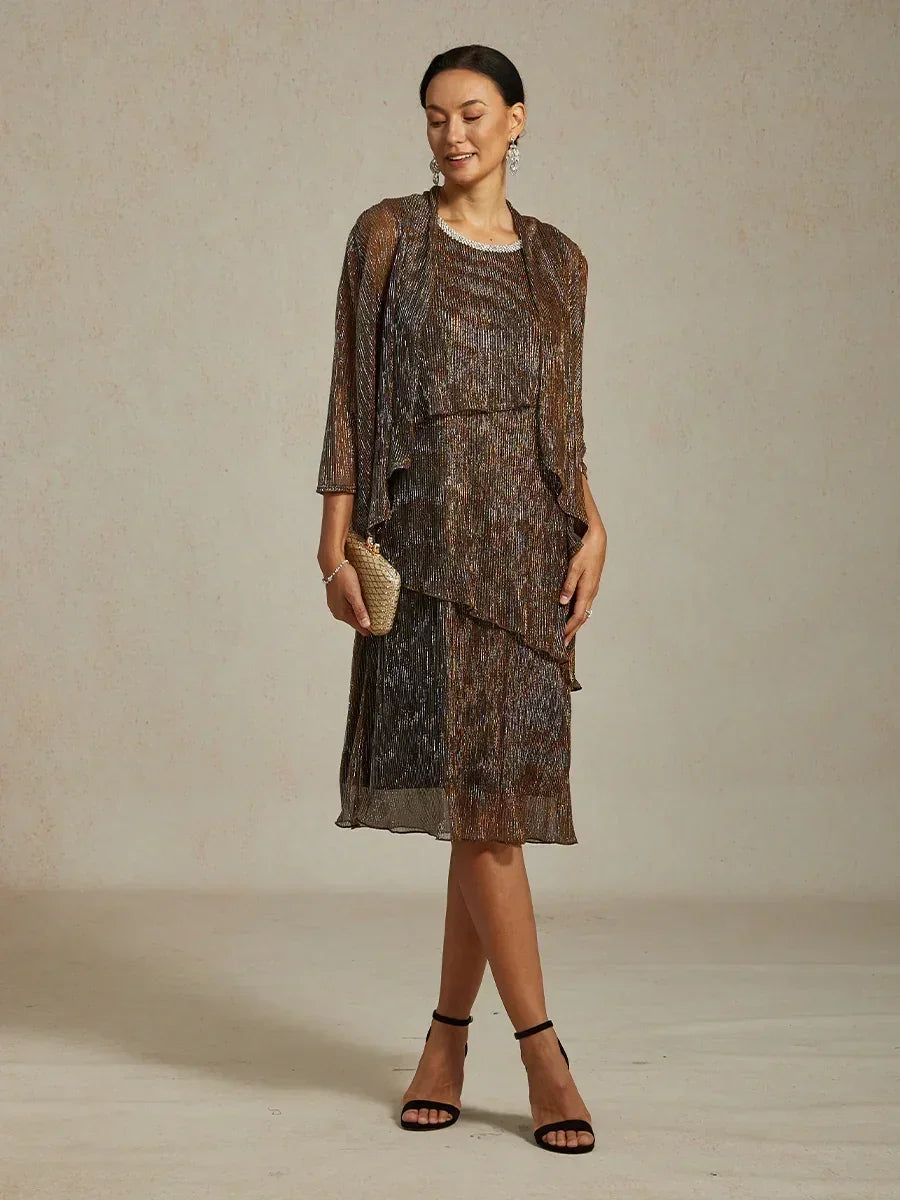 Metallic Pleated Chiffon Long Jacket with Layered Design