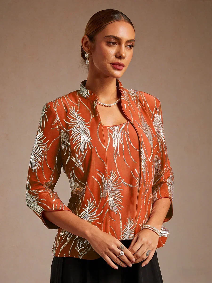 Elegantes Pailletten-Zweiteiler-Set mit Stehkragen