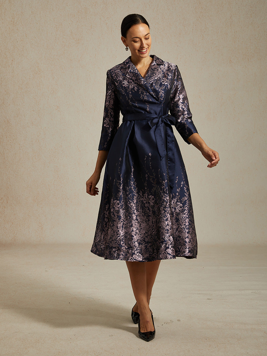 Floral Jacquard Shirt Dress with Belt and Side Pockets