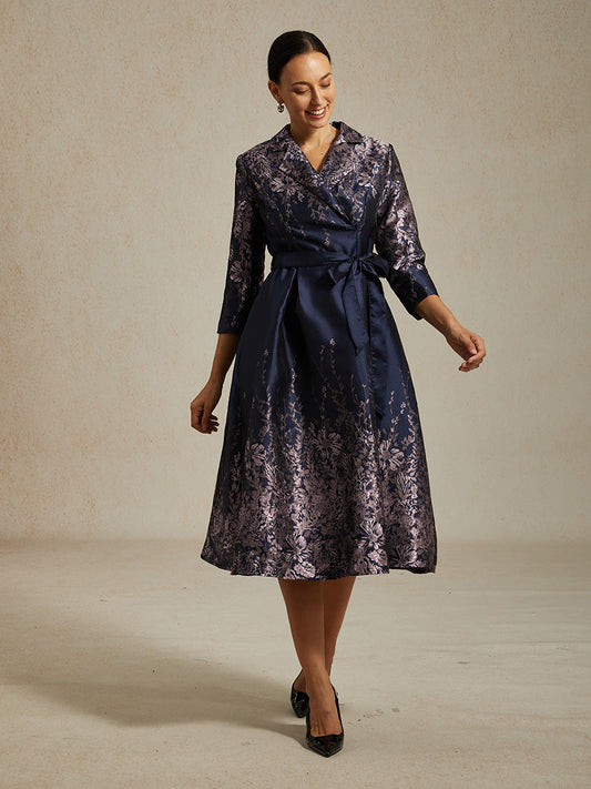 Floral Jacquard Shirt Dress with Belt and Side Pockets