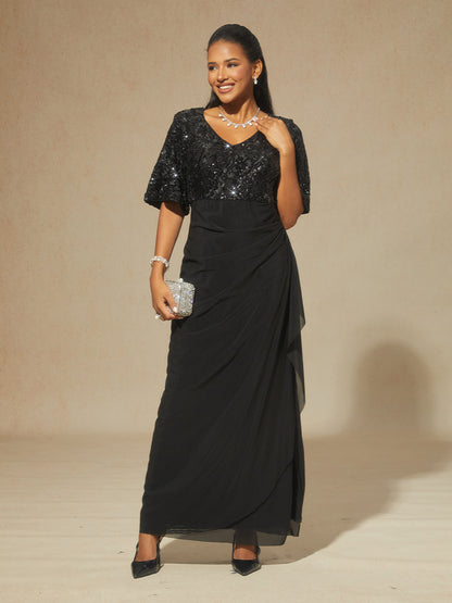 Embroidered Sequin Empire Waist Gown with Flutter Sleeves
