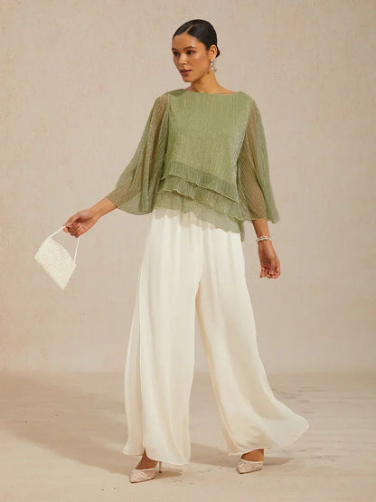 Chiffon Asymmetrical Layered Blouse And Pant Suits