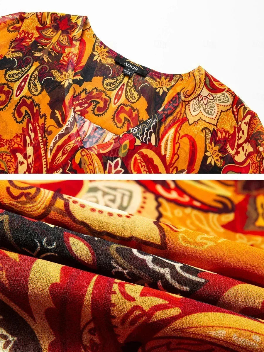 Paisley Chiffon Peasant Blouse with Long Lantern Sleeves